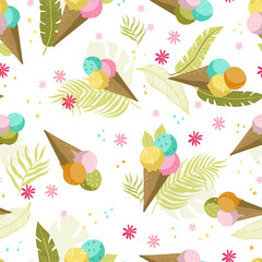 Cute hand drawn ice cones seamless pattern, delicious ice cream background, great for summer textiles, banners, wallpapers, wrapping - vector design