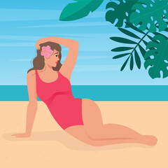 Beautiful young Woman in swimsuit on the sand beach with sea background. Summer in tropic. Vector illustration in flat style