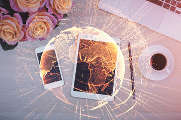Double exposure of social network theme drawing over table with phone. Top view. People connecting...