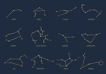 Hand drawn set of gold constellations celestial space. Zodiac horoscope symbols, stars astrology, astrology signs, icons. Magic space galaxy collection. Constellation vector sketch illustration © Diana Kovach