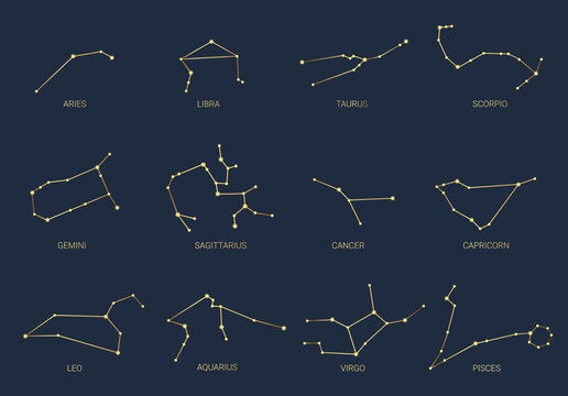 Hand drawn set of gold constellations celestial space. Zodiac horoscope symbols, stars astrology, astrology signs, icons. Magic space galaxy collection. Constellation vector sketch illustration