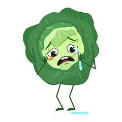 Cute cabbage character with crying and tears emotions, face, arms and legs. The funny or sad food hero, vegetable
