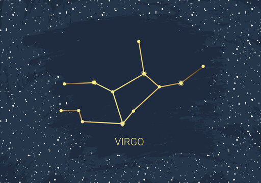 Hand drawn card of gold Virgo, star, brush. Constellation celestial space. Zodiac horoscope symbol, star astrology, astrology sign, icon. Magic space galaxy, vector sketch illustration