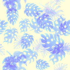 Blue Monstera Pattern Garden. Seamless Monstera. Navy Watercolor Jungle. Tropical Set. Floral Textile. Summer Texture.Vintage Wallpaper.Botanical Jungle.