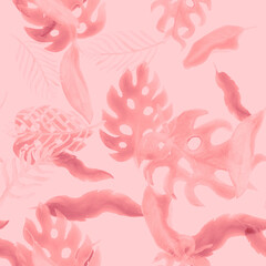 Fototapeta na wymiar Pink Monstera Pattern Texture. White Seamless Palm. Coral Watercolor Plant. Tropical Print. Floral Plant. Summer Background. Vintage Backdrop. Art Set.