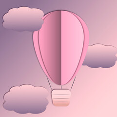 Landscape with balloons, clouds. Paper cut is a craft style