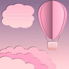 Landscape with balloons, clouds. Paper cut is a craft style. 