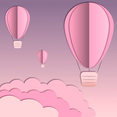 Landscape with balloons, clouds. Paper cut is a craft style. 