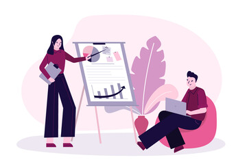 Businesswoman making presentation, flip chart board. Office people discussing business project. Managers on conference event. Businesspeople analyze graphs, diagrams. Flat vector illustration
