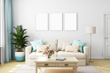 frame mockup summer livingroom, 3D-rendering