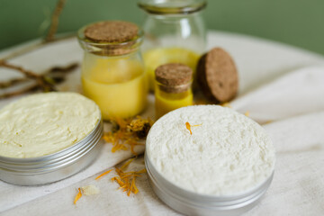 DIY butter and body cream DIY natural cosmetics on a table