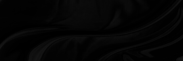 Black gray satin dark fabric texture luxurious shiny that is abstract silk cloth panorama background with patterns soft waves blur beautiful.