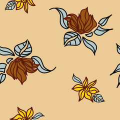 Abstract Ethnic Flowers and Leaves Repeating Vector Pattern Isolated Background