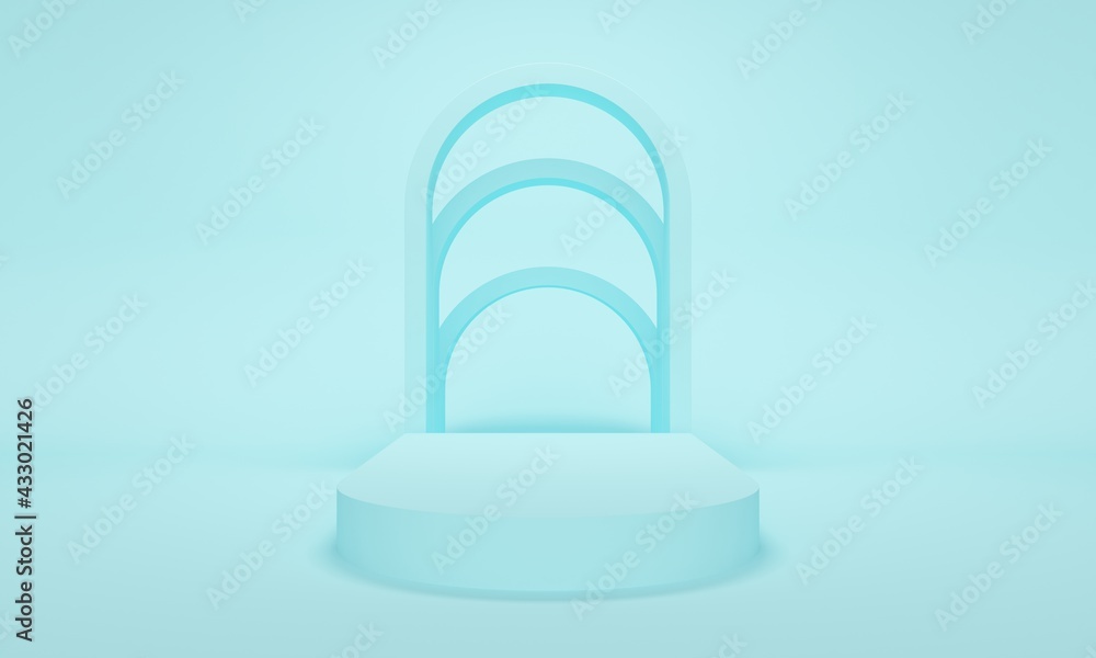 Poster podium for cosmetics with a row of arches on a blue background. backdrop design for product promotio