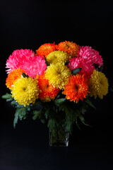 Beautiful bouquet of multi-colored colorful chrysanthemums on a black background. Yellow, orange, crimson flowers. Close-up.