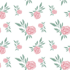 Watercolor flowers seamless pattern. Pink flowers and green leaves in pastel colors. Vector illustration