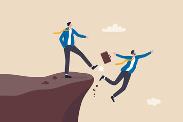 Business dishonesty, betrayal or jealousy colleague, career competitor or cheating concept, businessman kick business partner fall off the cliff.