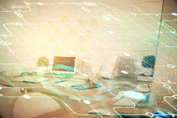 Double exposure of data theme drawing and office interior background. Concept of technology.