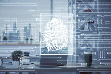 Double exposure of finger print and office interior background. Concept of security.