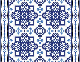 Obraz premium Portuguese Azulejo tile seamless vector pattern, retro design with frame or border, flowers, swirls and geometric shapes 