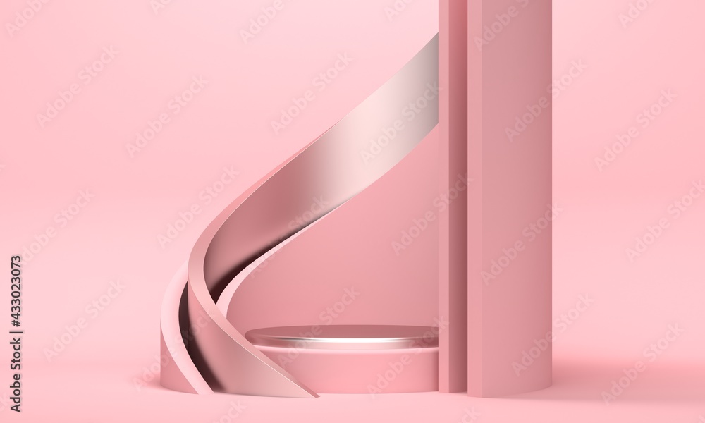 Poster abstract pink background with platform and swirling metal shape. backdrop design for product promoti
