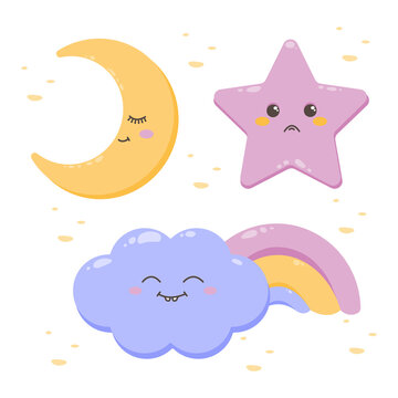 Set of cute cartoon characters. Moon, star, and cloud with a rainbow. Cartoon vector illustration. Vector illustration.