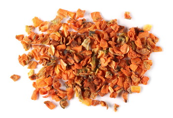 Dried and chopped carrot pieces pile isolated on white background, top view