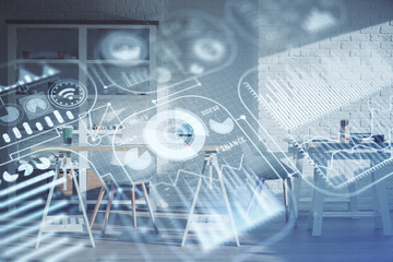 Double exposure of tech theme drawings and office interior background. Technology concept.