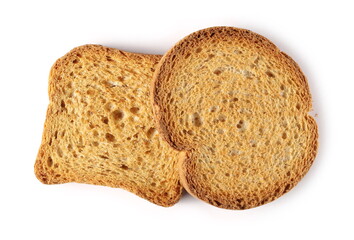 Wholemeal crackers, bread rusks pile, round and rectangle toast slices isolated on white background, top view