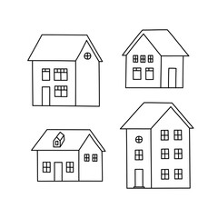 Vector illustration of different buildings. Hand-drawn set. Line art. Concept of urban planning, city for people, maps.