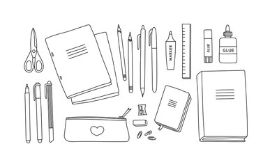 Vector illustration of stationery. Notebooks, books, pens, pencils, markers, scissors, glue, notebook, pencil case. Suitable for illustrating the learning process, stationery stores. Line art. - obrazy, fototapety, plakaty