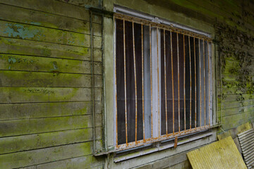 White, rusting window protection grilles on an old green tree house.