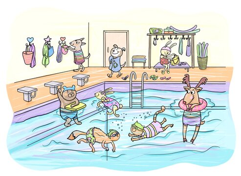 Hand drawn black and white cartoon illustration of a public swimming pool. Different animals having fun and relax, diving under water in swimsuits and floating with rubber ring. 