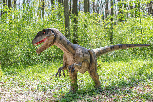 Beregovo, Ukraine - May 4, 2021: Dinosaur from Dino-Park, Dinosaur in the jungle.