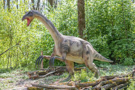 Beregovo, Ukraine - May 4, 2021: Dinosaur from Dino-Park, Dinosaur in the jungle.