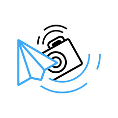 A paper plane and a camera. Suitable for travel photography and travel vlog. It will be useful for tours, travels, studios and film related businesses. Movie makers, video creators, cinema lover