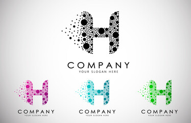 H Letter Logo set with Dispersion Effect and Dots, Bubbles, Circles. O Dotted letter in black, purple, blue and green gradient vector illustration.