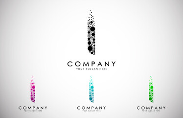 I Letter Logo set with Dispersion Effect and Dots, Bubbles, Circles. O Dotted letter in black, purple, blue and green gradient vector illustration.