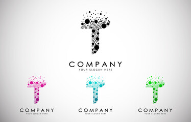 T Letter Logo set with Dispersion Effect and Dots, Bubbles, Circles. O Dotted letter in black, purple, blue and green gradient vector illustration.