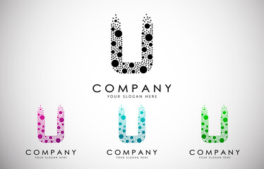 U Letter Logo set with Dispersion Effect and Dots, Bubbles, Circles. O Dotted letter in black, purple, blue and green gradient vector illustration.