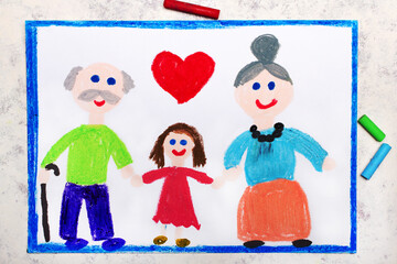Colorful drawing: Grandparents Day card. Smiling grandmother, grandfather and their granddaughter