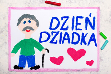 Colorful drawing: Polish Grandfather's  Day card with happy Grandpa
