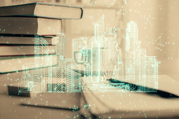 Double exposure of buildings drawing and desktop with coffee and items on table background. Concept of smart city