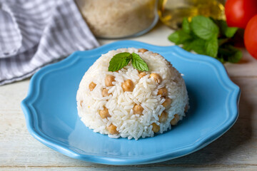 Turkish Rice with chickpea served, Turkish name; Nohutlu pilav or pilaf