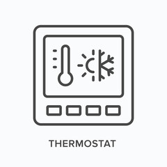 Thermostat flat line icon. Vector outline illustration of digital temperature control. Black thin linear pictogram for climate regulator