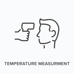 Temperature measurement flat line icon. Vector outline illustration of digital measurement. Black thin linear pictogram for medical equipment