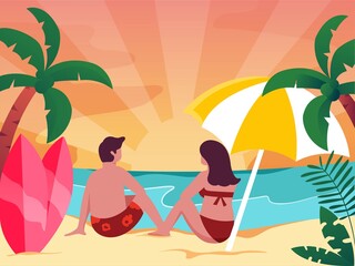 organic hand drawn summer scene on beach flat illustration style