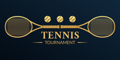 Tennis tournament logo or badge with two rackets and tennis balls. Vector illustration. - obrazy, fototapety, plakaty