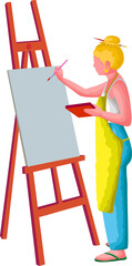 artist girl in yellow apron and easel on white background