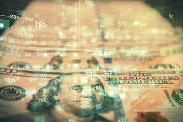 Naklejka na ściany i meble Double exposure of data theme drawing over us dollars bill background. Technology concept.